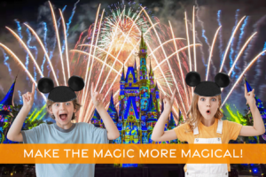 Fireworks over the Magic Kingdom with two excited kids wearing Mickey ears in the foreground pointing up to the sky.