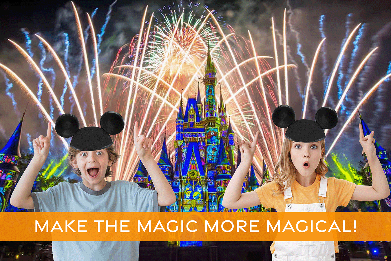 Fireworks over the Magic Kingdom with two excited kids wearing Mickey ears in the foreground pointing up to the sky.